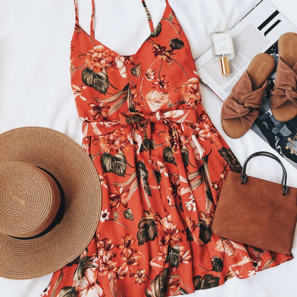 Lulus Coral Floral Print Skater Dress